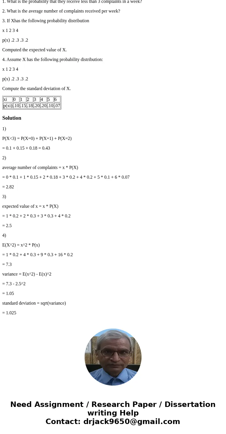 The Dean\'s Office keeps track of student complaints received each week. The probability distribution for complaints can be represented as a table as shown belo