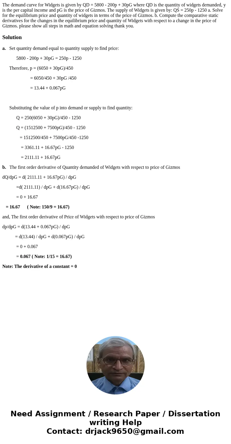 The demand curve for Widgets is given by QD = 5800 - 200p + 30pG where QD is the quantity of widgets demanded, y is the per capital income and pG is the price o