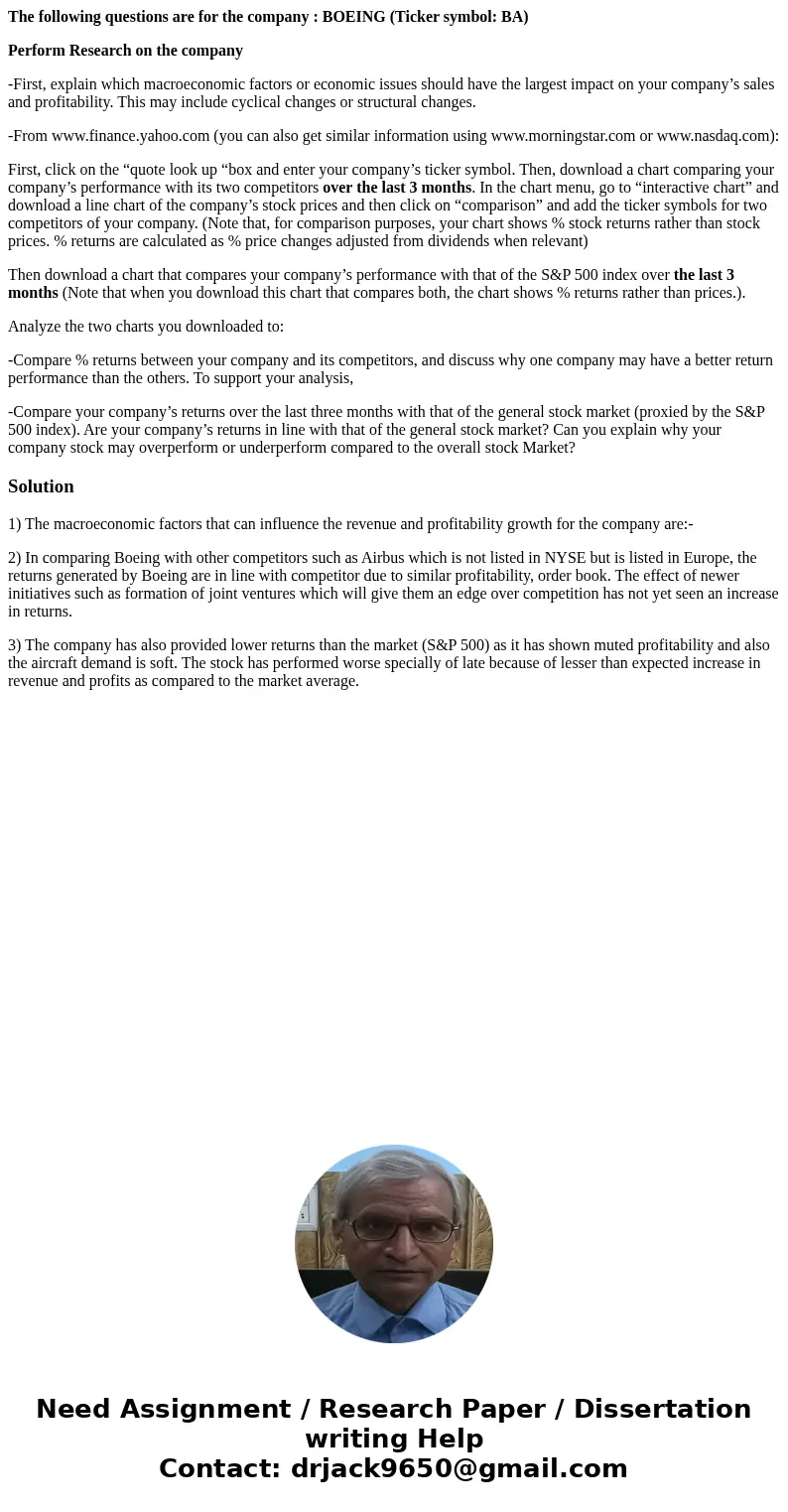The following questions are for the company : BOEING (Ticker symbol: BA) Perform Research on the company -First, explain which macroeconomic factors or economic