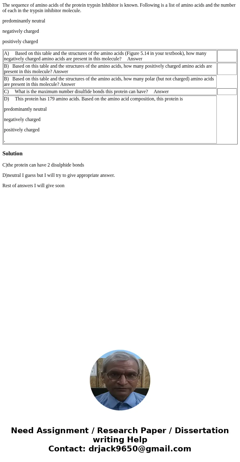 The sequence of amino acids of the protein trypsin Inhibitor is known. Following is a list of amino acids and the number of each in the trypsin inhibitor molecu
