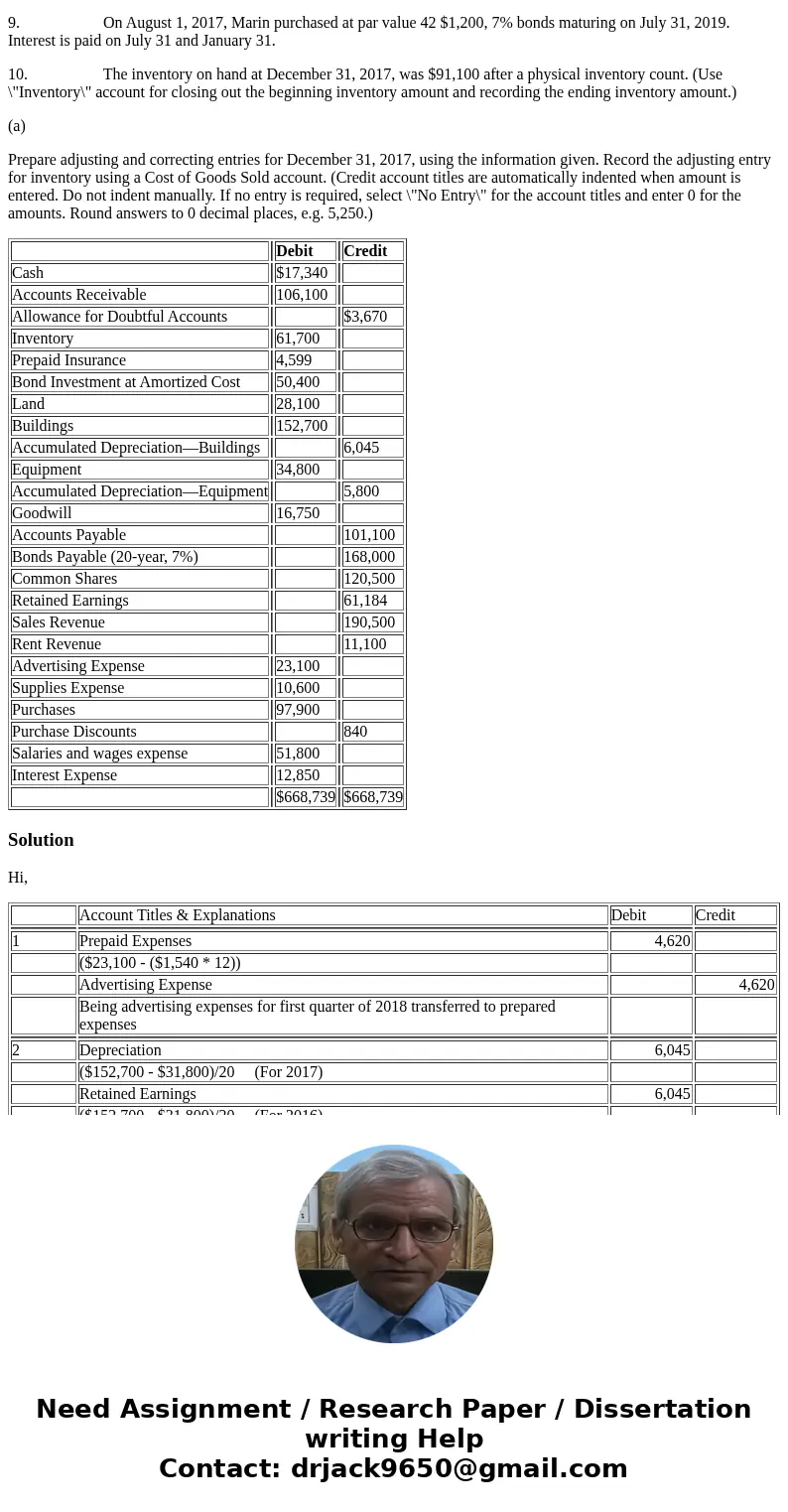The unadjusted trial balance of Marin Inc. at December 31, 2017, is as follows: Debit Credit Cash $17,340 Accounts Receivable 106,100 Allowance for Doubtful Acc The unadjusted trial balance of Marin Inc. at December 31, 2017, is as follows: Debit Credit Cash $17,340 Accounts Receivable 106,100 Allowance for Doubtful Acc
