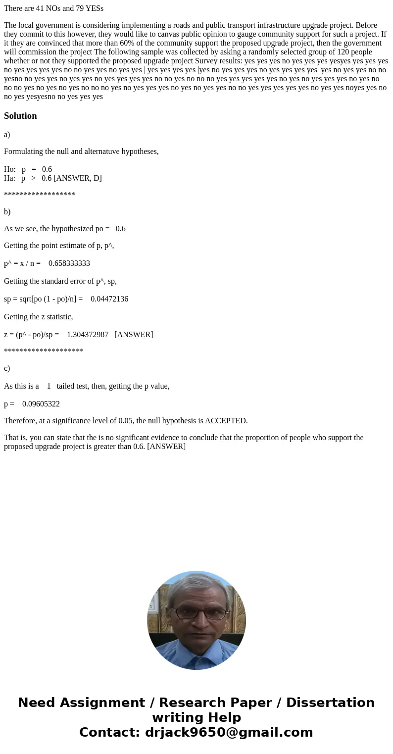There are 41 NOs and 79 YESs The local government is considering implementing a roads and public transport infrastructure upgrade project. Before they commit to There are 41 NOs and 79 YESs The local government is considering implementing a roads and public transport infrastructure upgrade project. Before they commit to