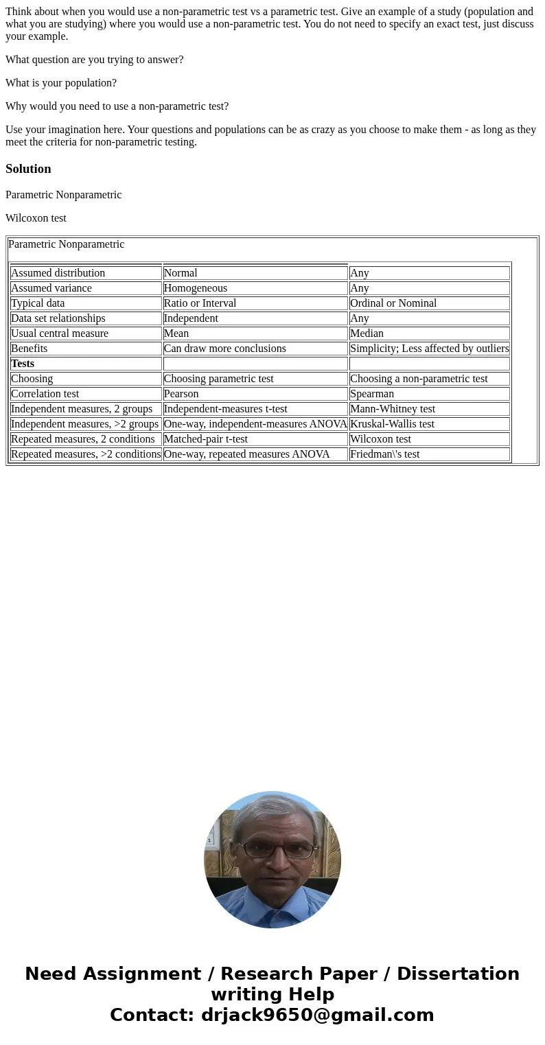 Think about when you would use a non-parametric test vs a parametric test. Give an example of a study (population and what you are studying) where you would use Think about when you would use a non-parametric test vs a parametric test. Give an example of a study (population and what you are studying) where you would use