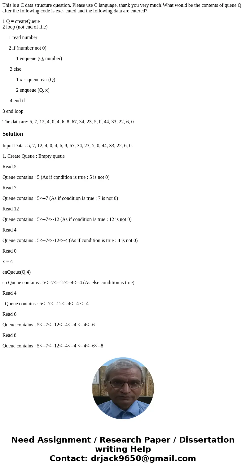 This is a C data structure question. Please use C language, thank you very much!What would be the contents of queue Q after the following code is exe- cuted and This is a C data structure question. Please use C language, thank you very much!What would be the contents of queue Q after the following code is exe- cuted and