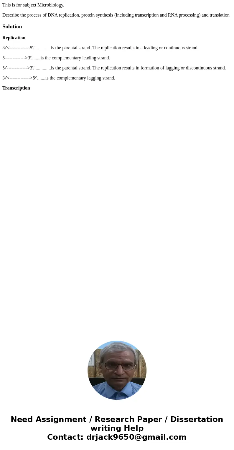 This is for subject Microbiology. Describe the process of DNA replication, protein synthesis (including transcription and RNA processing) and translationSolutio This is for subject Microbiology. Describe the process of DNA replication, protein synthesis (including transcription and RNA processing) and translationSolutio