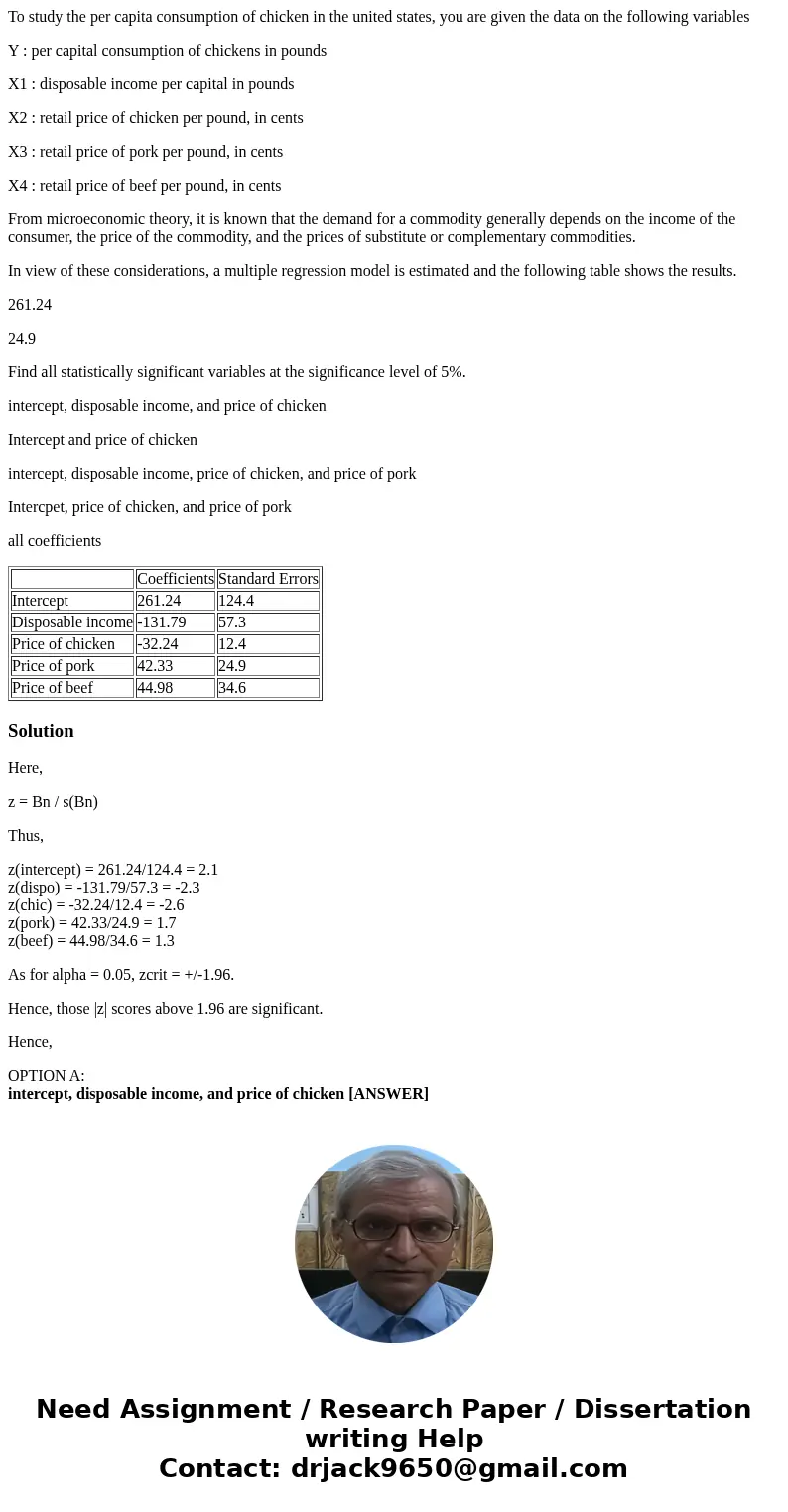 To study the per capita consumption of chicken in the united states, you are given the data on the following variables Y : per capital consumption of chickens i To study the per capita consumption of chicken in the united states, you are given the data on the following variables Y : per capital consumption of chickens i