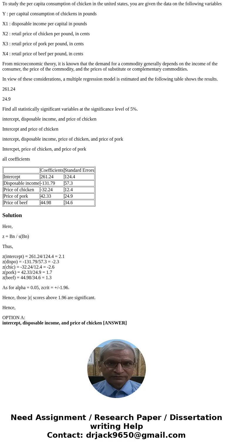 To study the per capita consumption of chicken in the united states, you are given the data on the following variables Y : per capital consumption of chickens i To study the per capita consumption of chicken in the united states, you are given the data on the following variables Y : per capital consumption of chickens i