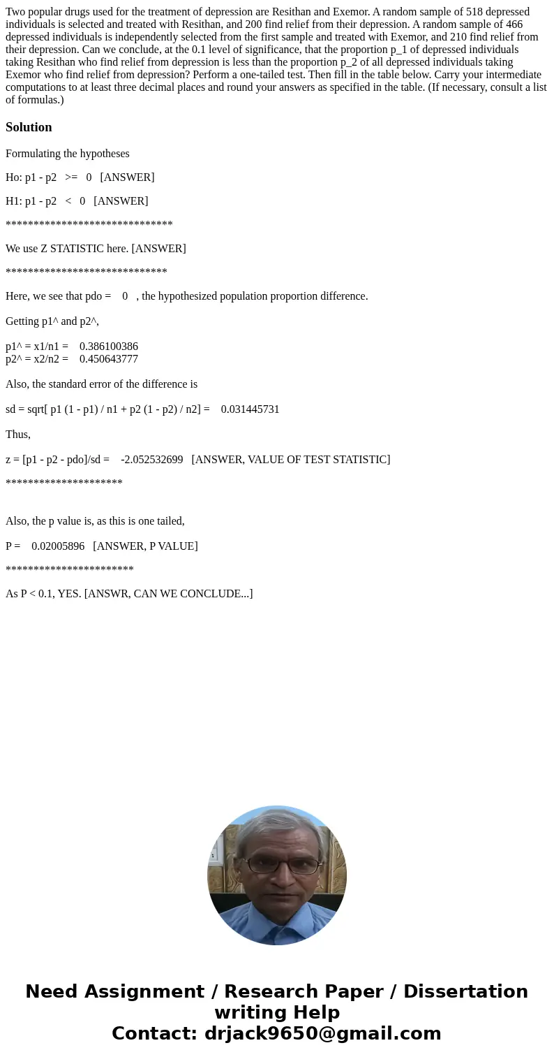 Two popular drugs used for the treatment of depression are Resithan and Exemor. A random sample of 518 depressed individuals is selected and treated with Resit  Two popular drugs used for the treatment of depression are Resithan and Exemor. A random sample of 518 depressed individuals is selected and treated with Resit