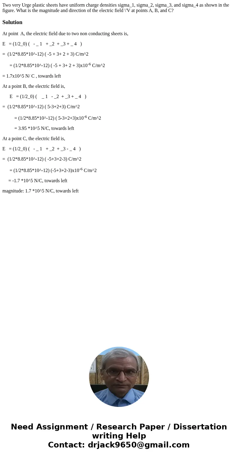Two very Urge plastic sheets have uniform charge densities sigma_1, sigma_2, sigma_3, and sigma_4 as shown in the figure. What is the magnitude and direction o  Two very Urge plastic sheets have uniform charge densities sigma_1, sigma_2, sigma_3, and sigma_4 as shown in the figure. What is the magnitude and direction o