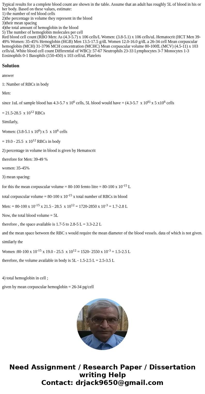 Typical results for a complete blood count are shown in the table. Assume that an adult has roughly 5L of blood in his or her body. Based on these values, estim