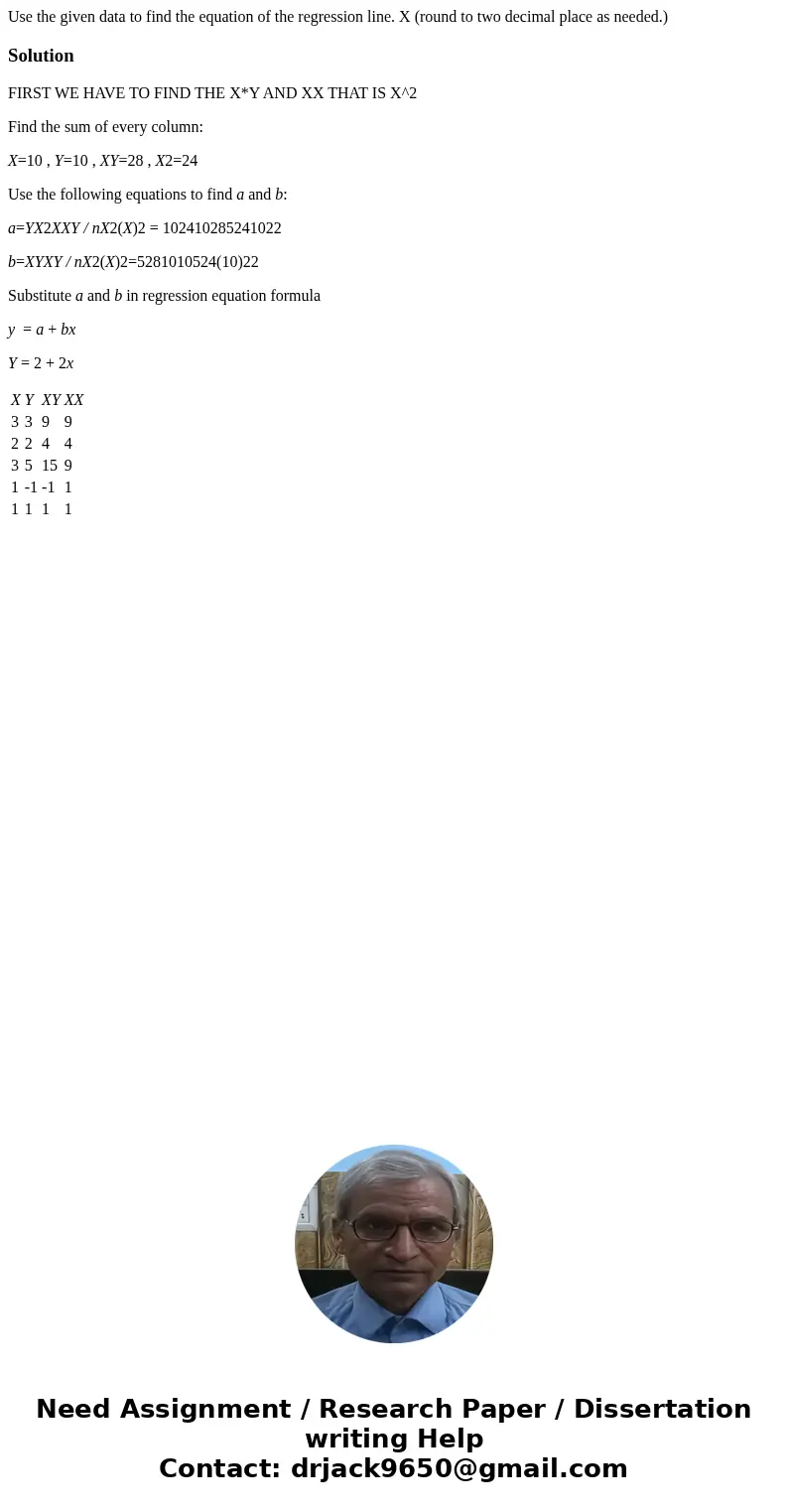 Use the given data to find the equation of the regression line. X (round to two decimal place as needed.)SolutionFIRST WE HAVE TO FIND THE X*Y AND XX THAT IS X  Use the given data to find the equation of the regression line. X (round to two decimal place as needed.)SolutionFIRST WE HAVE TO FIND THE X*Y AND XX THAT IS X
