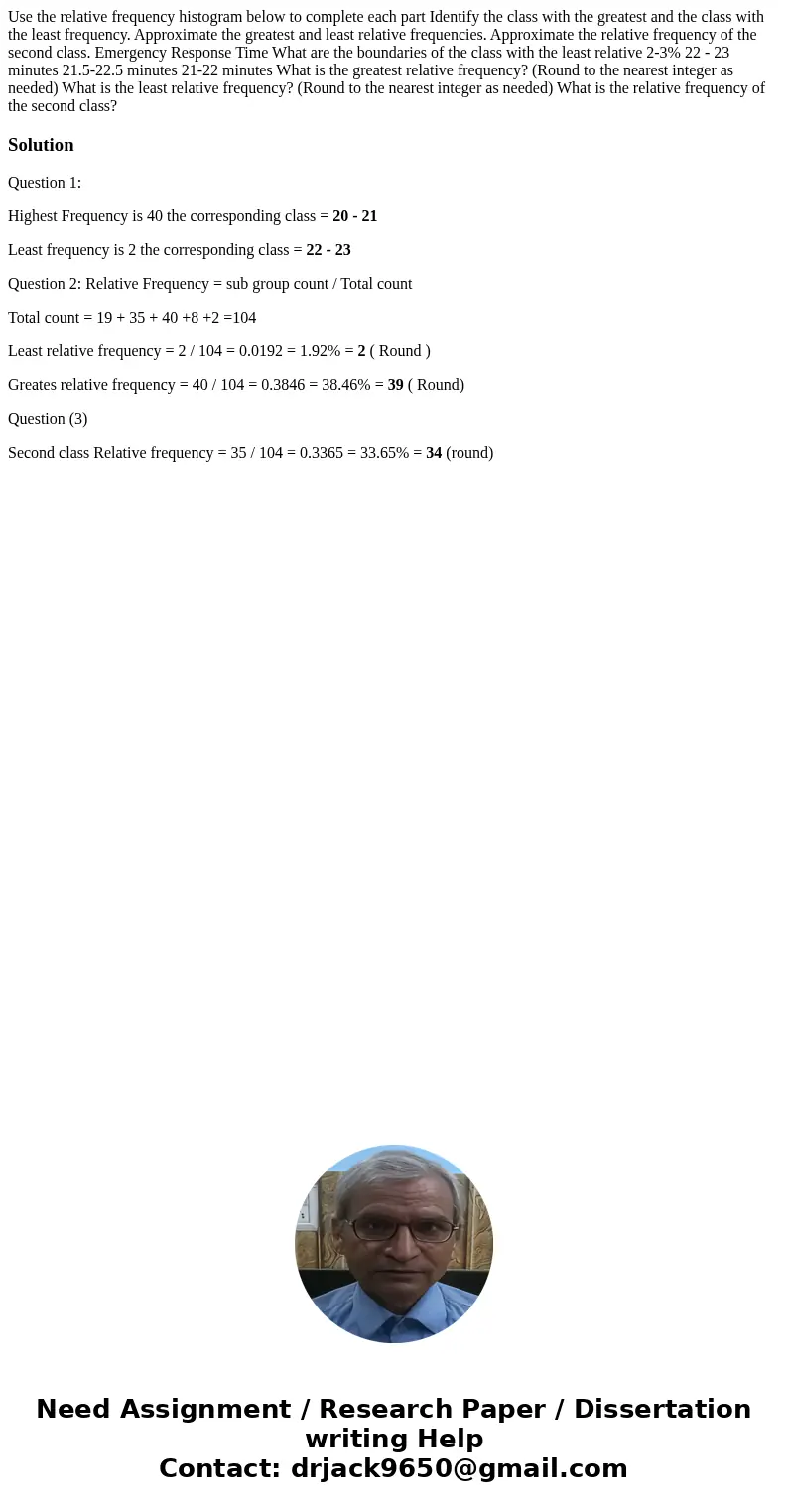 Use the relative frequency histogram below to complete each part Identify the class with the greatest and the class with the least frequency. Approximate the g  Use the relative frequency histogram below to complete each part Identify the class with the greatest and the class with the least frequency. Approximate the g