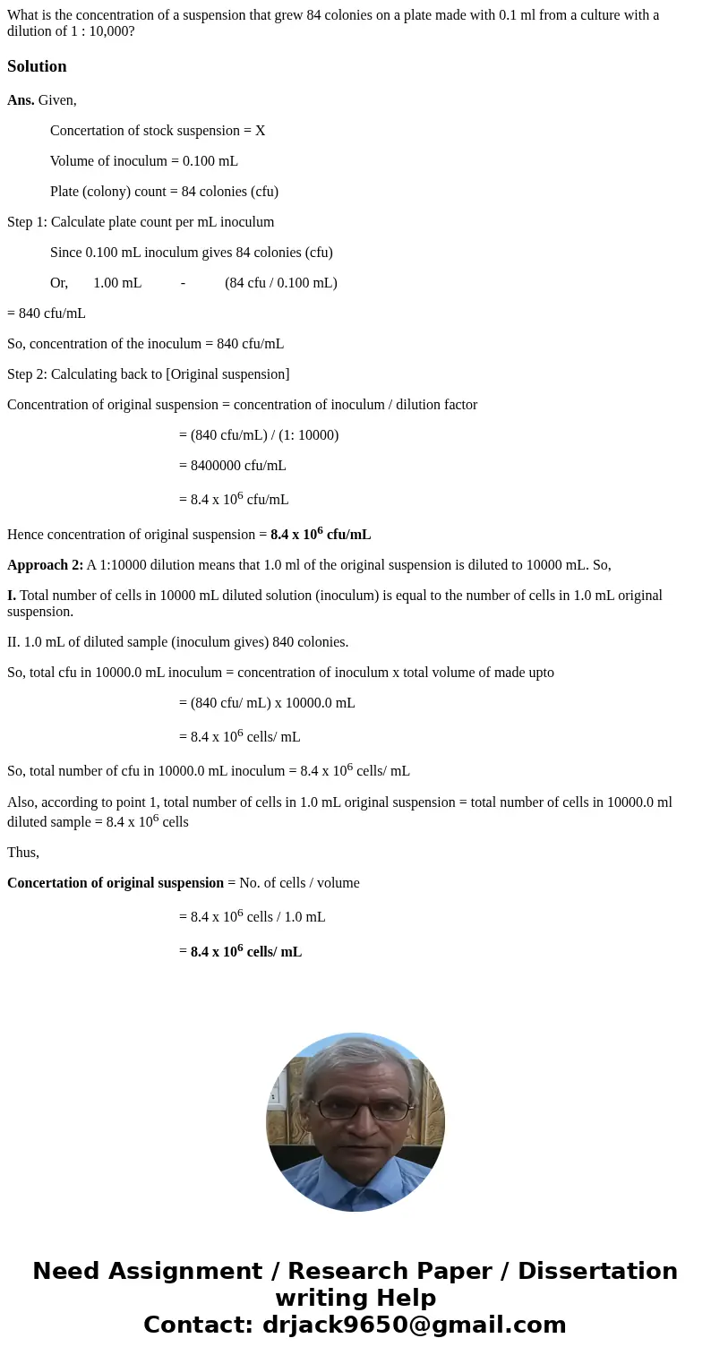 What is the concentration of a suspension that grew 84 colonies on a plate made with 0.1 ml from a culture with a dilution of 1 : 10,000?SolutionAns. Given, Con