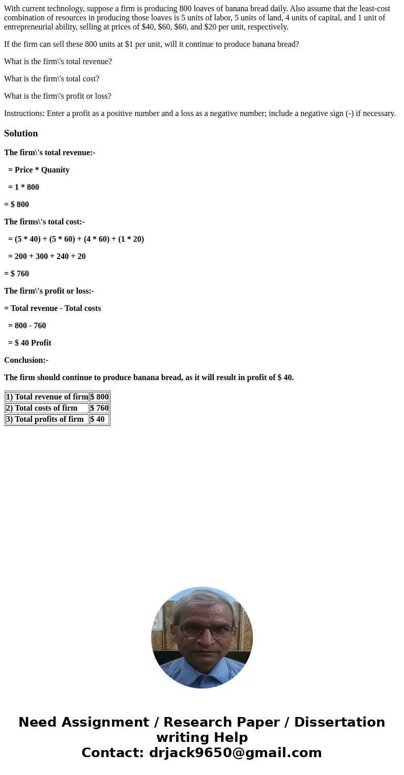 With current technology, suppose a firm is producing 800 loaves of banana bread daily. Also assume that the least-cost combination of resources in producing tho With current technology, suppose a firm is producing 800 loaves of banana bread daily. Also assume that the least-cost combination of resources in producing tho