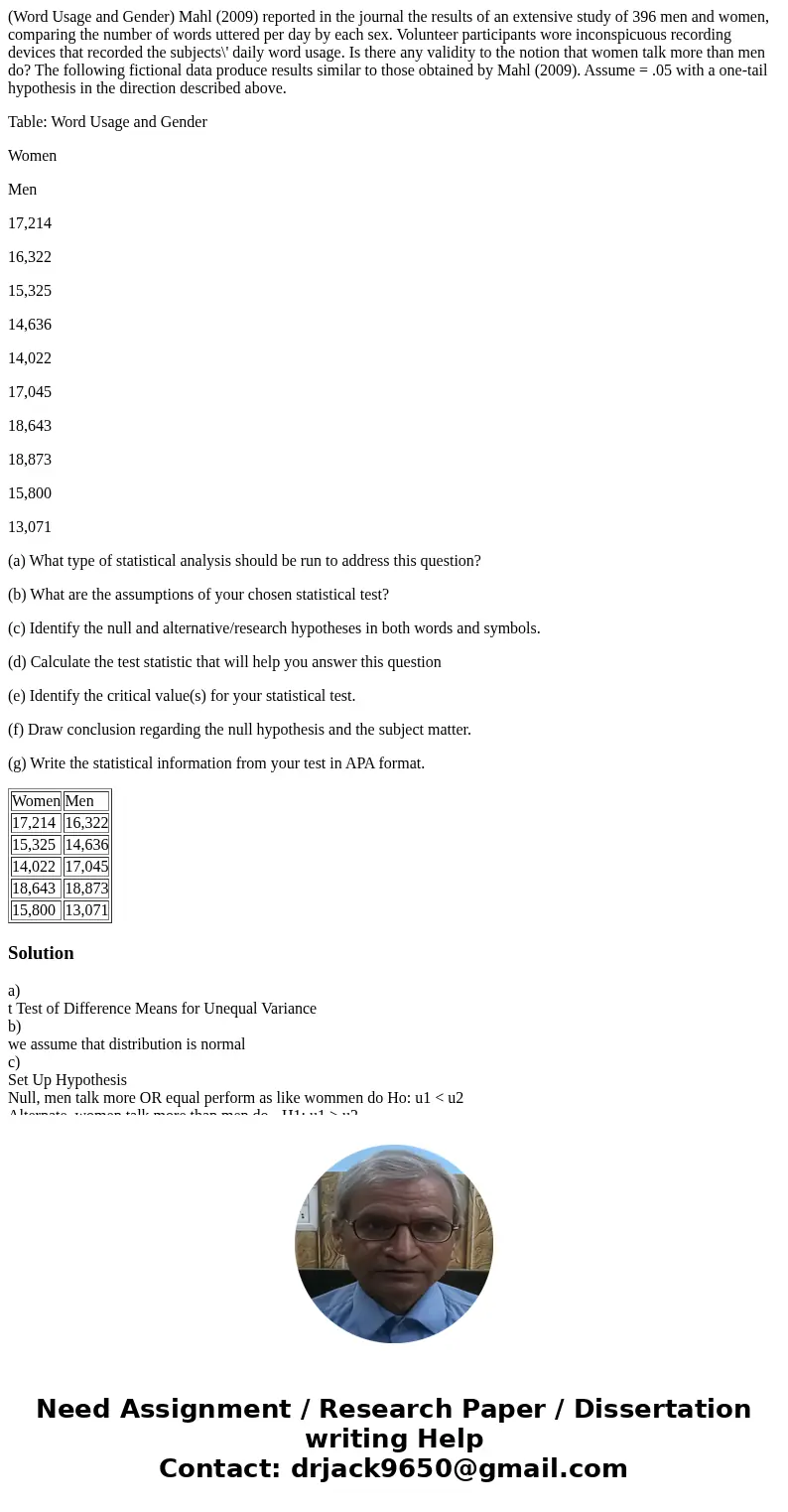 (Word Usage and Gender) Mahl (2009) reported in the journal the results of an extensive study of 396 men and women, comparing the number of words uttered per da