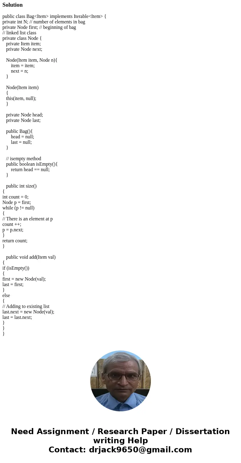 Write a Bag class which implements this API. The class maintains a linked list in LIFO order. Alinked list is a recursive data structure that is either empty (n Write a Bag class which implements this API. The class maintains a linked list in LIFO order. Alinked list is a recursive data structure that is either empty (n