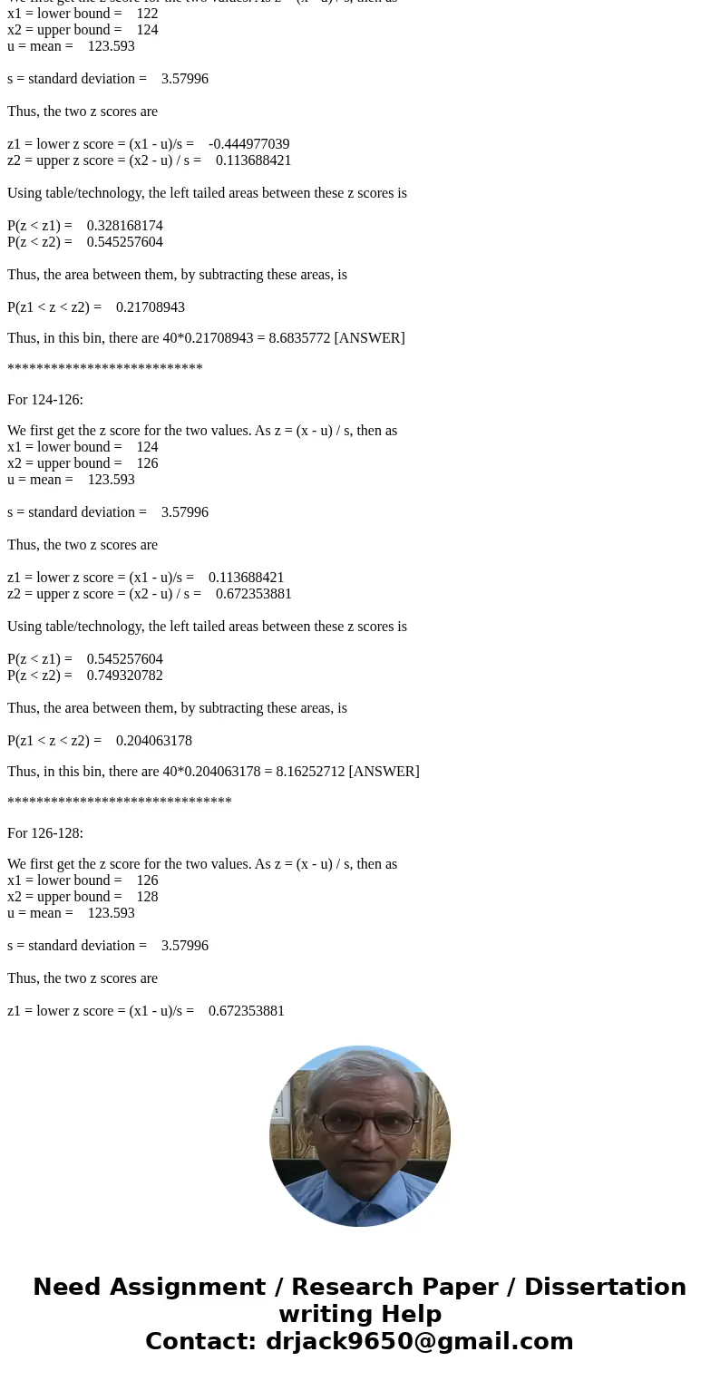 You have a sample of 40 values, with a mean of 123.593 and a standard deviation 3.57996. The values are sorted into bins from 118-120, 120-122, 122-124, 124-126