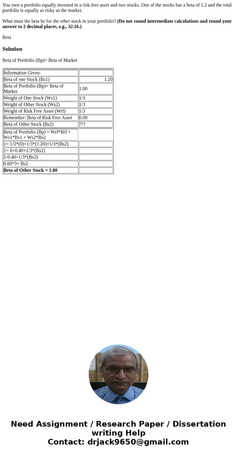 You own a portfolio equally invested in a risk-free asset and two stocks. One of the stocks has a beta of 1.2 and the total portfolio is equally as risky as the