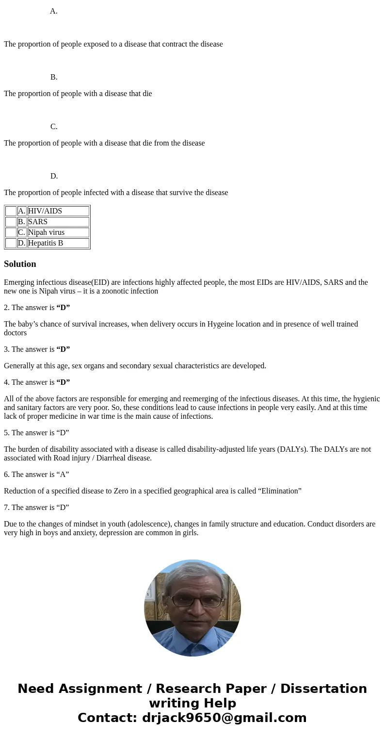 1. All of the following are emerging infectious diseases, except: A. HIV/AIDS B. SARS C. Nipah virus D. Hepatitis B QUESTION 2 As a country becomes healthier, w