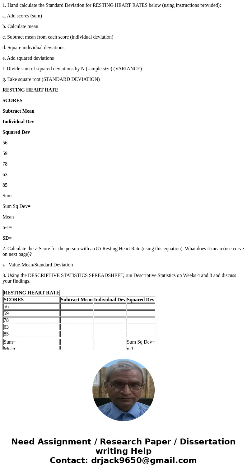 1. Hand calculate the Standard Deviation for RESTING HEART RATES below (using instructions provided): a. Add scores (sum) b. Calculate mean c. Subtract mean fro