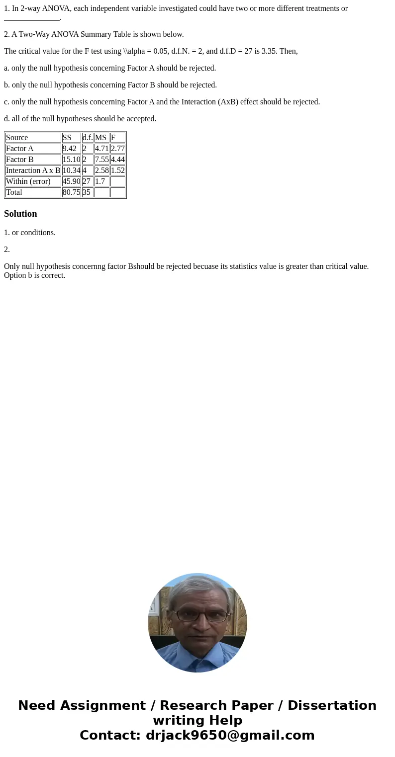 1. In 2-way ANOVA, each independent variable investigated could have two or more different treatments or ______________. 2. A Two-Way ANOVA Summary Table is sho 1. In 2-way ANOVA, each independent variable investigated could have two or more different treatments or ______________. 2. A Two-Way ANOVA Summary Table is sho