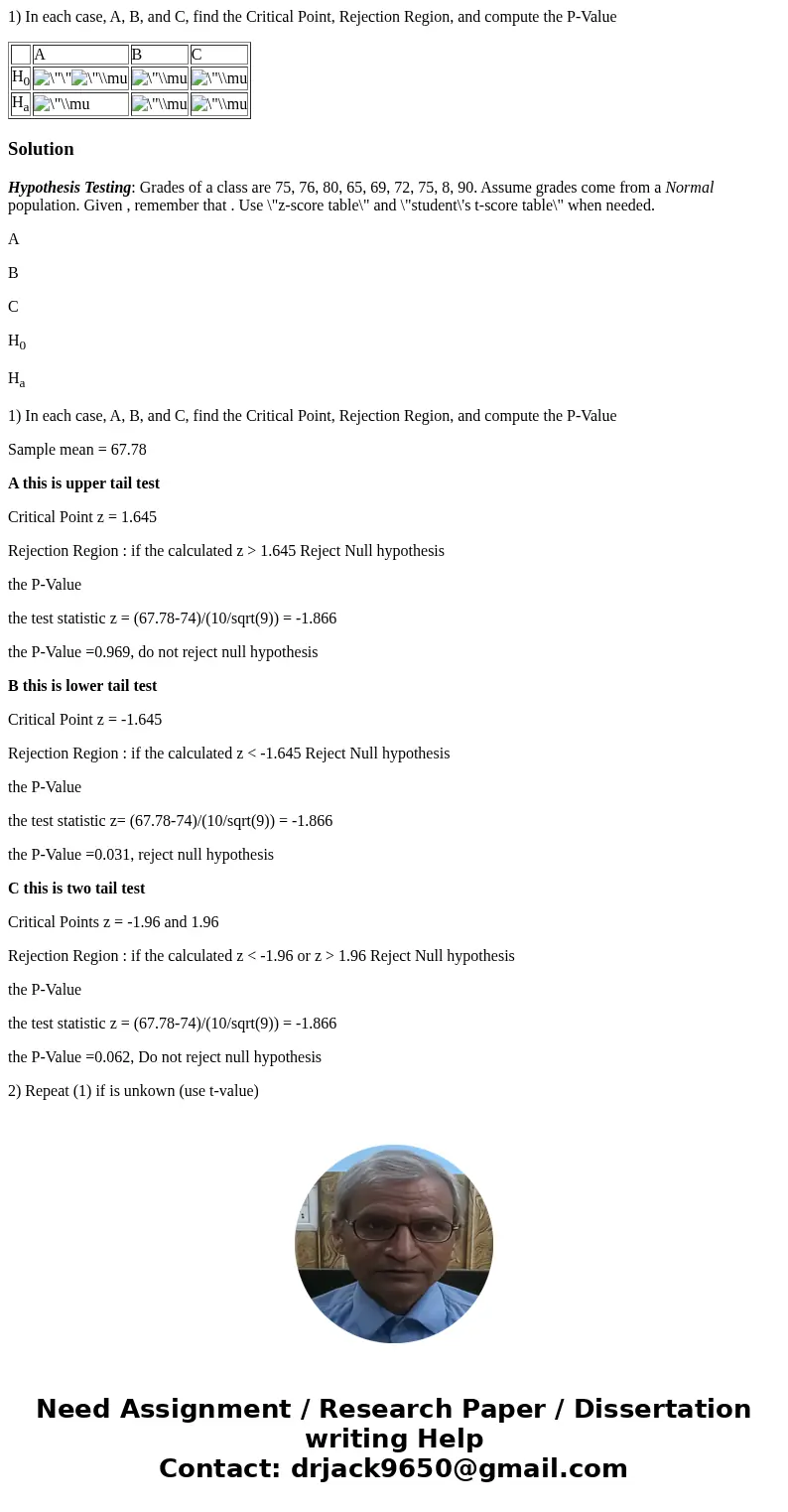 1) In each case, A, B, and C, find the Critical Point, Rejection Region, and compute the P-Value A B C H0 Ha SolutionHypothesis Testing: Grades of a class are 7 1) In each case, A, B, and C, find the Critical Point, Rejection Region, and compute the P-Value A B C H0 Ha SolutionHypothesis Testing: Grades of a class are 7