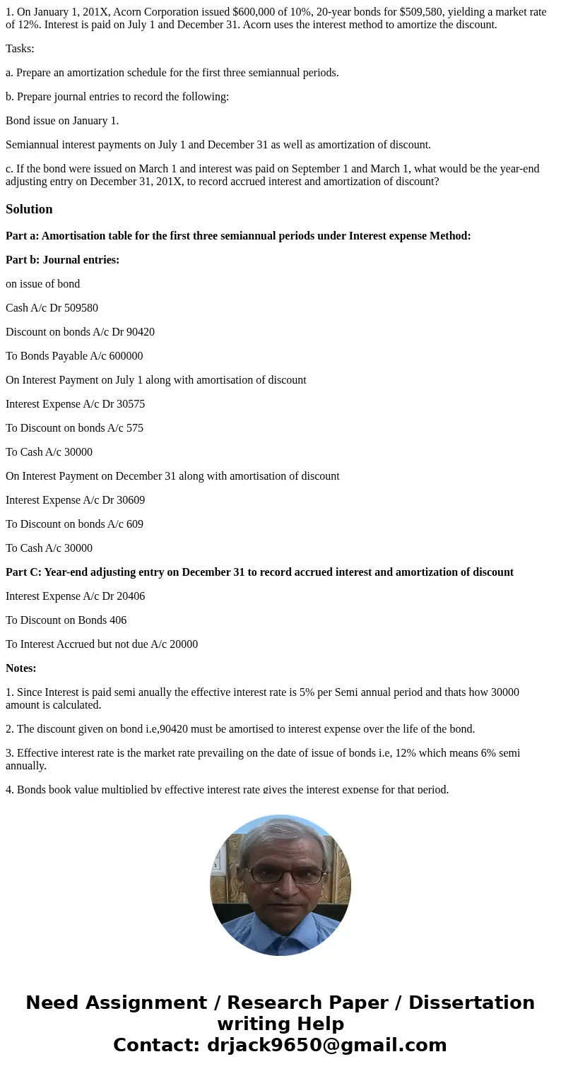 1. On January 1, 201X, Acorn Corporation issued $600,000 of 10%, 20-year bonds for $509,580, yielding a market rate of 12%. Interest is paid on July 1 and Decem 1. On January 1, 201X, Acorn Corporation issued $600,000 of 10%, 20-year bonds for $509,580, yielding a market rate of 12%. Interest is paid on July 1 and Decem