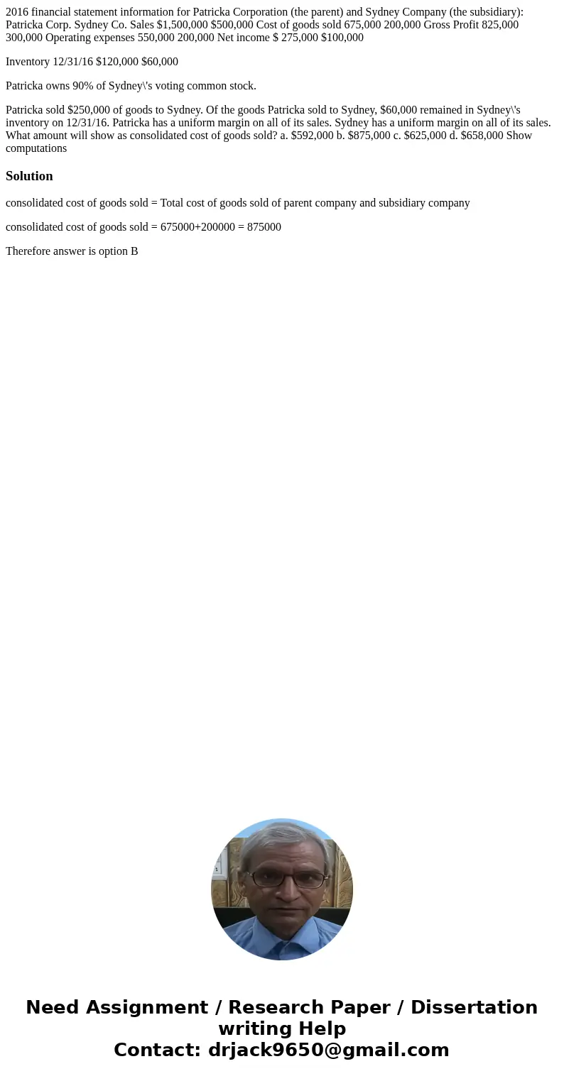 2016 financial statement information for Patricka Corporation (the parent) and Sydney Company (the subsidiary): Patricka Corp. Sydney Co. Sales $1,500,000 $500, 2016 financial statement information for Patricka Corporation (the parent) and Sydney Company (the subsidiary): Patricka Corp. Sydney Co. Sales $1,500,000 $500,