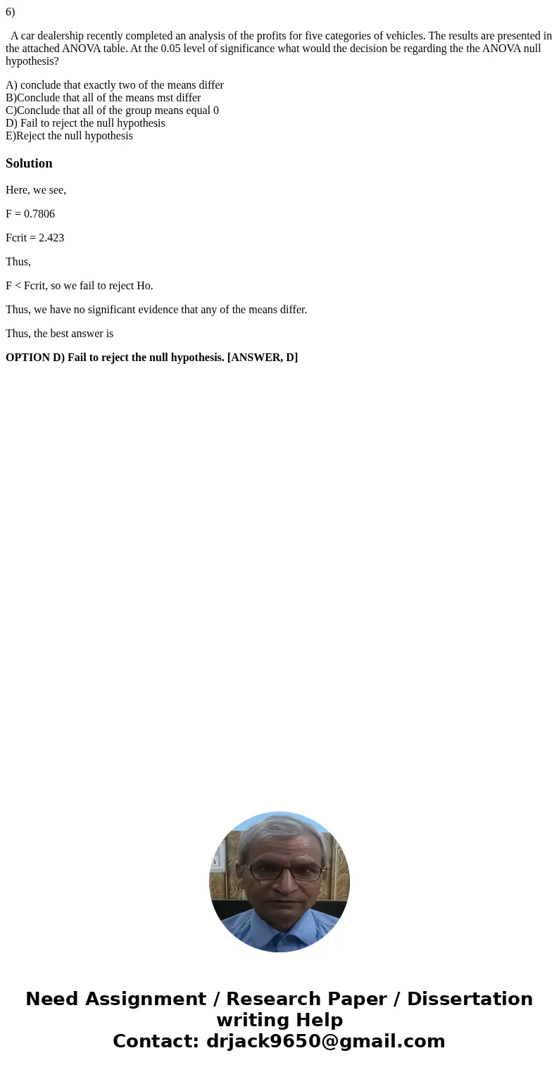 6) A car dealership recently completed an analysis of the profits for five categories of vehicles. The results are presented in the attached ANOVA table. At the 6) A car dealership recently completed an analysis of the profits for five categories of vehicles. The results are presented in the attached ANOVA table. At the