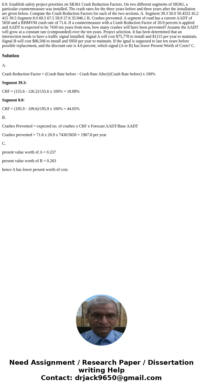  6.9. Establish safety project priorities on SR361 Crash Reduction Factors. On two different segments of SR361, a particular countermeasure was installed. The c