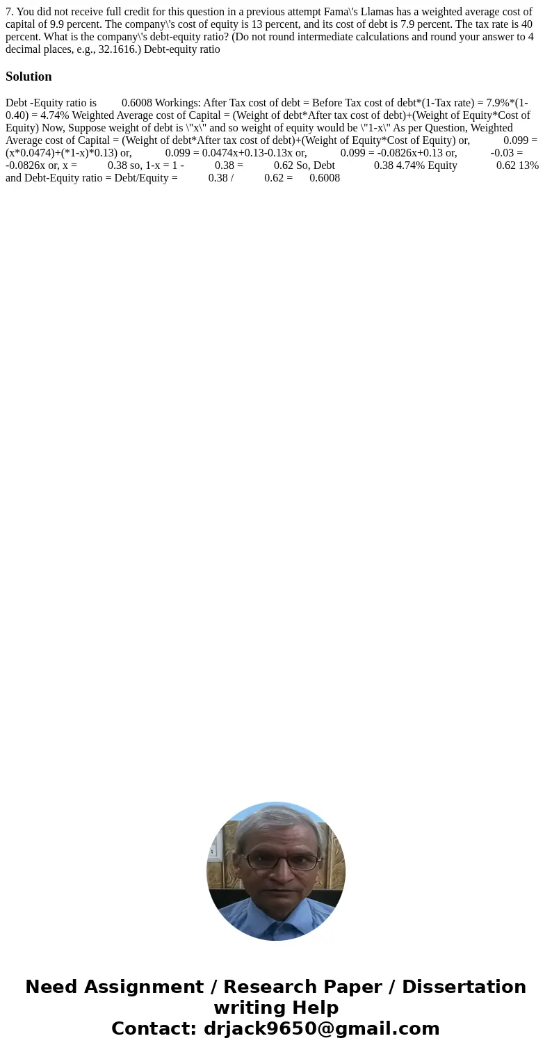 7. You did not receive full credit for this question in a previous attempt Fama\'s Llamas has a weighted average cost of capital of 9.9 percent. The company\'s  7. You did not receive full credit for this question in a previous attempt Fama\'s Llamas has a weighted average cost of capital of 9.9 percent. The company\'s