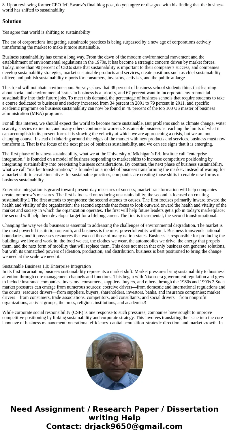 8. Upon reviewing former CEO Jeff Swartz’s final blog post, do you agree or disagree with his finding that the business world has shifted to sustainability Solu