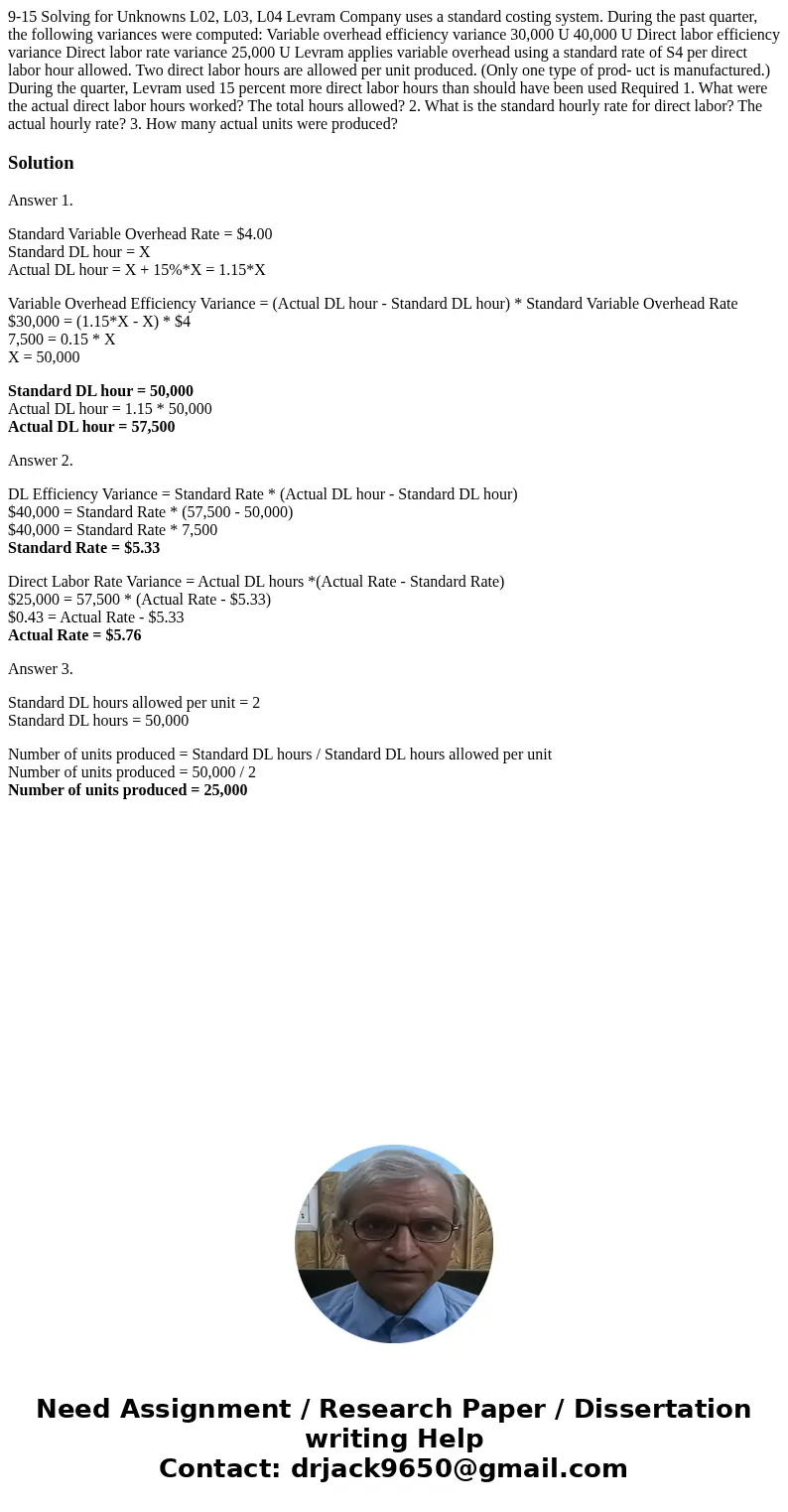 9-15 Solving for Unknowns L02, L03, L04 Levram Company uses a standard costing system. During the past quarter, the following variances were computed: Variable  9-15 Solving for Unknowns L02, L03, L04 Levram Company uses a standard costing system. During the past quarter, the following variances were computed: Variable