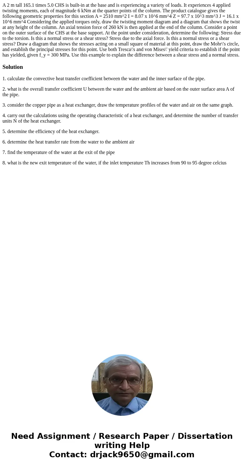  A 2 m tall 165.1 times 5.0 CHS is built-in at the base and is experiencing a variety of loads. It experiences 4 applied twisting moments, each of magnitude 6 k