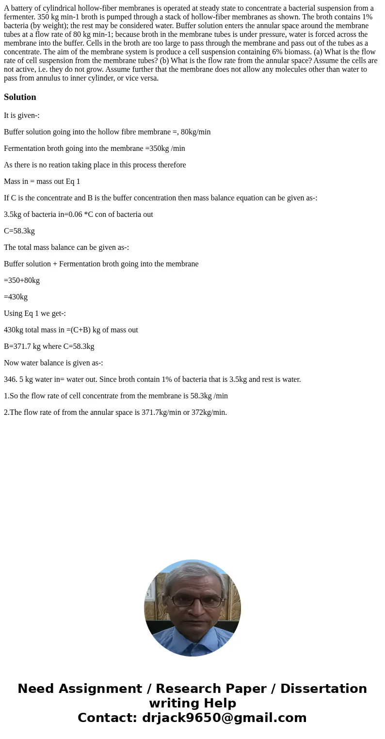 A battery of cylindrical hollow-fiber membranes is operated at steady state to concentrate a bacterial suspension from a fermenter. 350 kg min-1 broth is pumped A battery of cylindrical hollow-fiber membranes is operated at steady state to concentrate a bacterial suspension from a fermenter. 350 kg min-1 broth is pumped