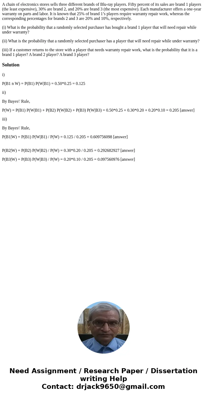 A chain of electronics stores sells three different brands of Blu-ray players. Fifty percent of its sales are brand 1 players (the least expensive), 30% are bra A chain of electronics stores sells three different brands of Blu-ray players. Fifty percent of its sales are brand 1 players (the least expensive), 30% are bra