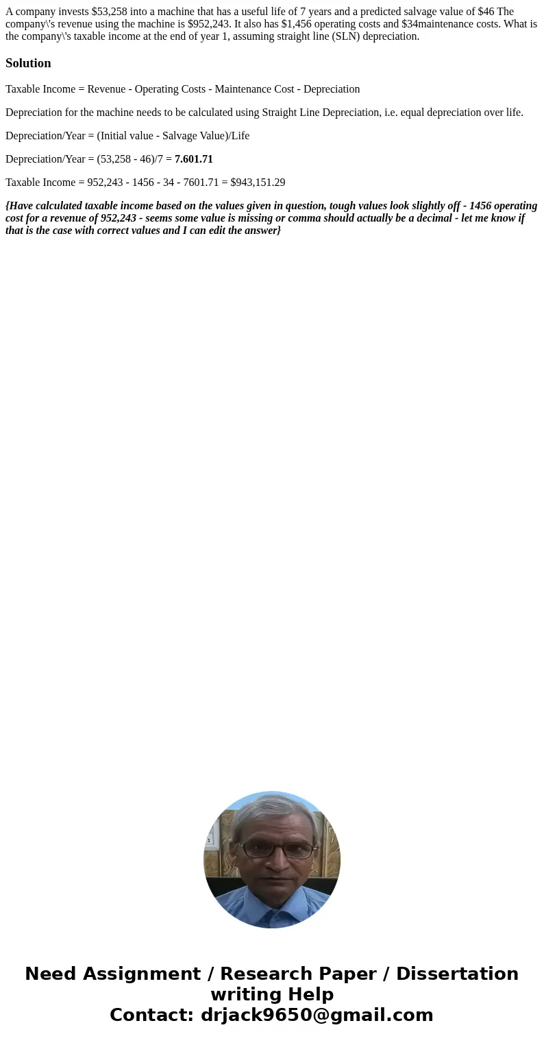 A company invests $53,258 into a machine that has a useful life of 7 years and a predicted salvage value of $46 The company\'s revenue using the machine is $952