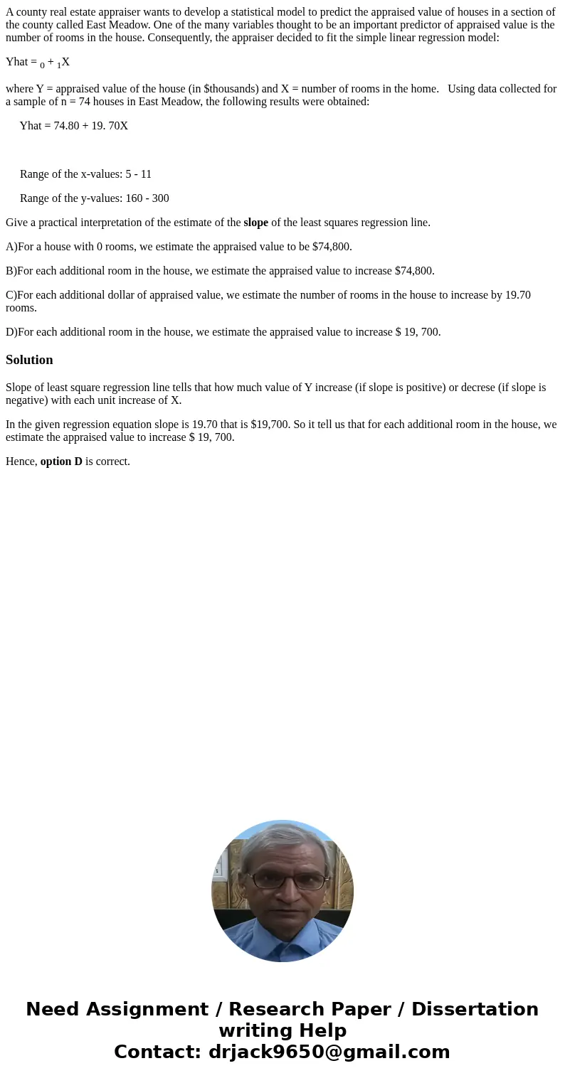 A county real estate appraiser wants to develop a statistical model to predict the appraised value of houses in a section of the county called East Meadow. One  A county real estate appraiser wants to develop a statistical model to predict the appraised value of houses in a section of the county called East Meadow. One