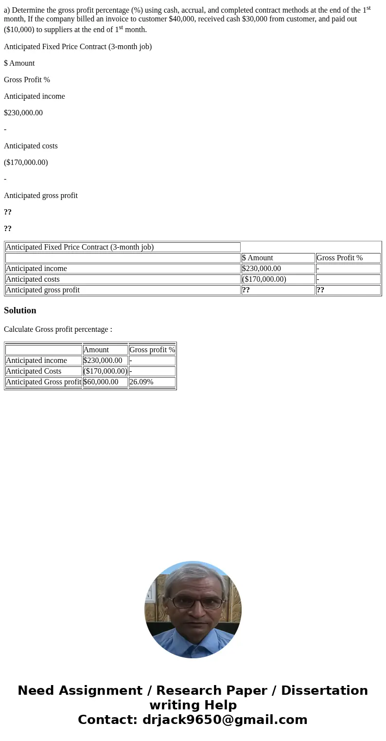 a) Determine the gross profit percentage (%) using cash, accrual, and completed contract methods at the end of the 1st month, If the company billed an invoice t