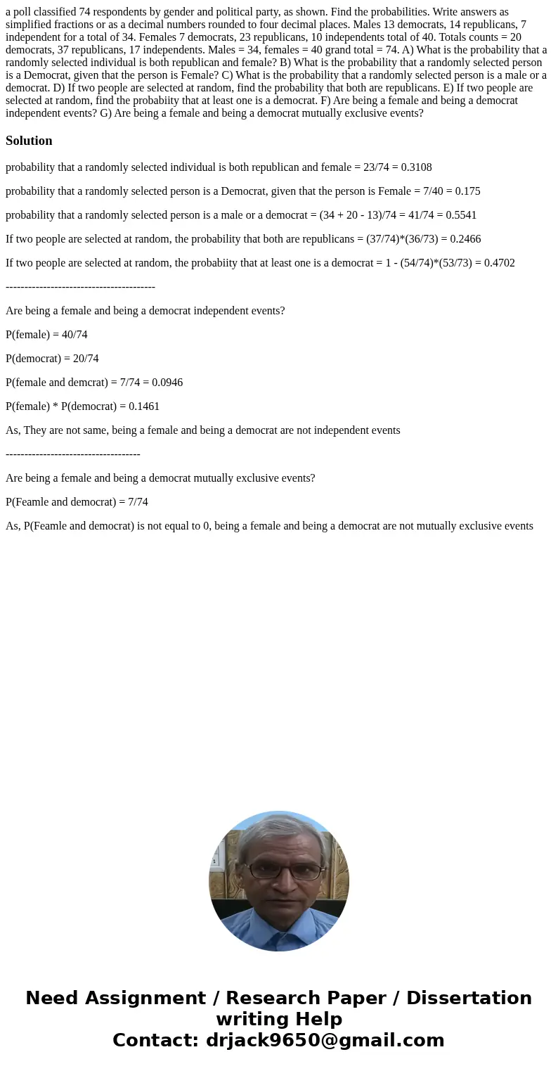a poll classified 74 respondents by gender and political party, as shown. Find the probabilities. Write answers as simplified fractions or as a decimal numbers  a poll classified 74 respondents by gender and political party, as shown. Find the probabilities. Write answers as simplified fractions or as a decimal numbers