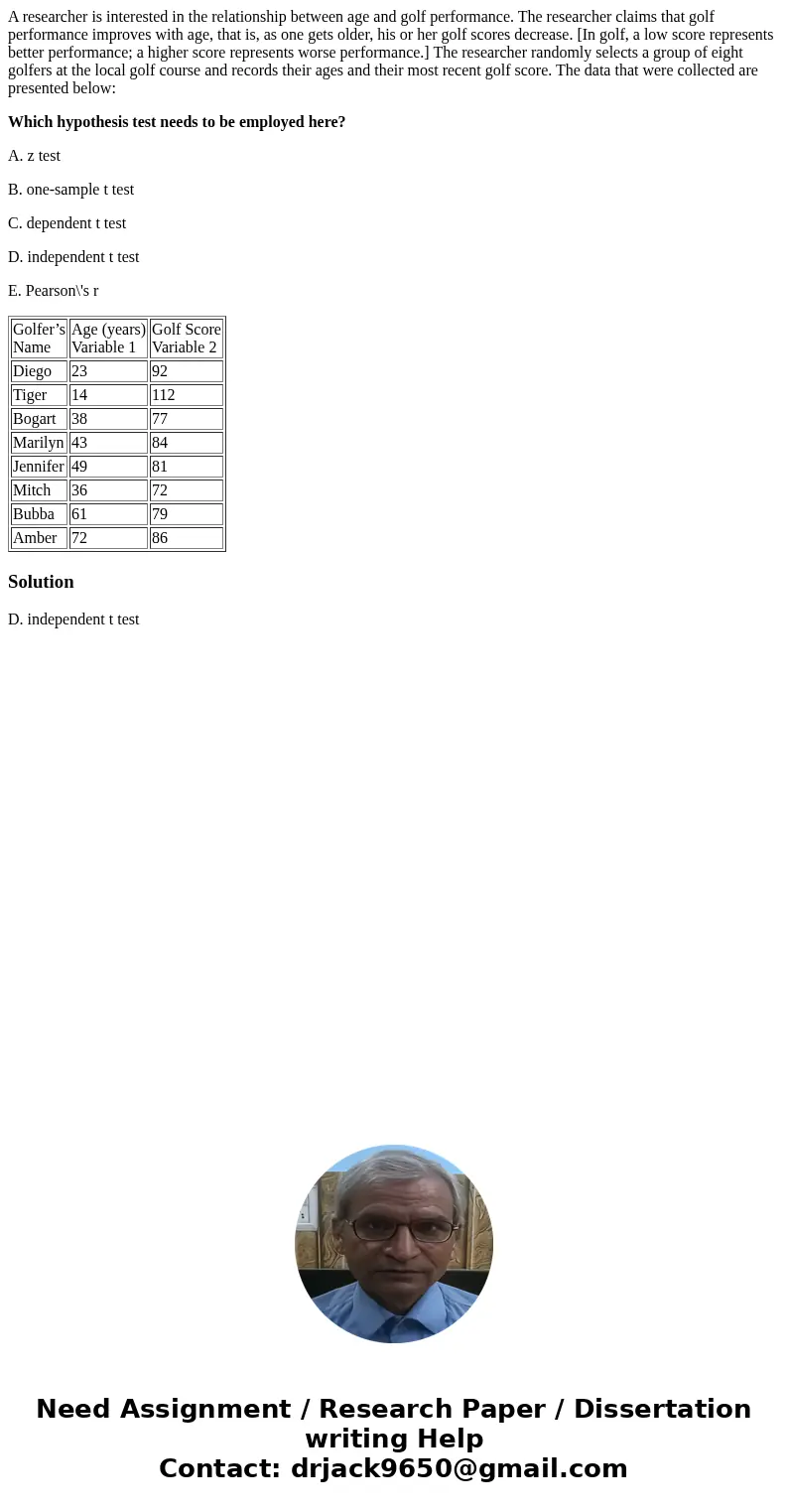 A researcher is interested in the relationship between age and golf performance. The researcher claims that golf performance improves with age, that is, as one  A researcher is interested in the relationship between age and golf performance. The researcher claims that golf performance improves with age, that is, as one