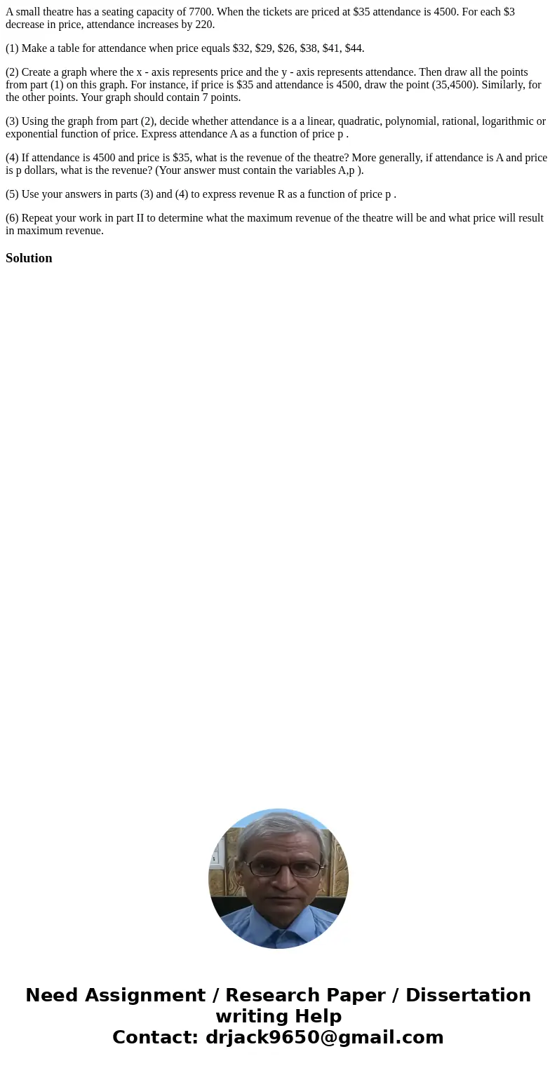 A small theatre has a seating capacity of 7700. When the tickets are priced at $35 attendance is 4500. For each $3 decrease in price, attendance increases by 22 A small theatre has a seating capacity of 7700. When the tickets are priced at $35 attendance is 4500. For each $3 decrease in price, attendance increases by 22