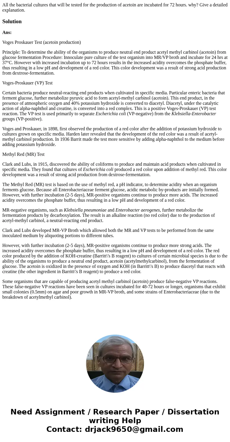 All the bacterial cultures that will be tested for the production of acetoin are incubated for 72 hours. why? Give a detailed explanation.SolutionAns: Voges Pro