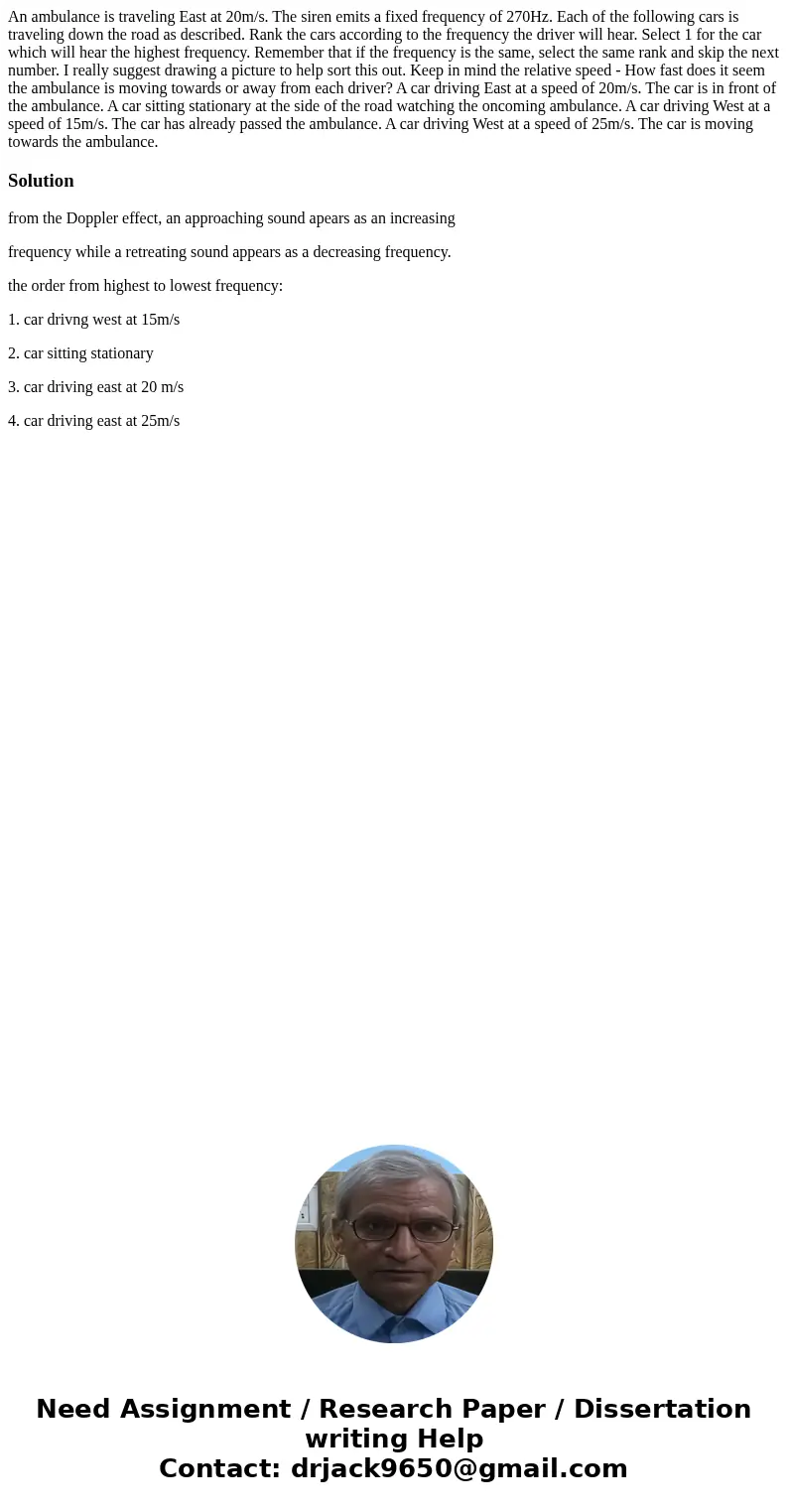  An ambulance is traveling East at 20m/s. The siren emits a fixed frequency of 270Hz. Each of the following cars is traveling down the road as described. Rank t