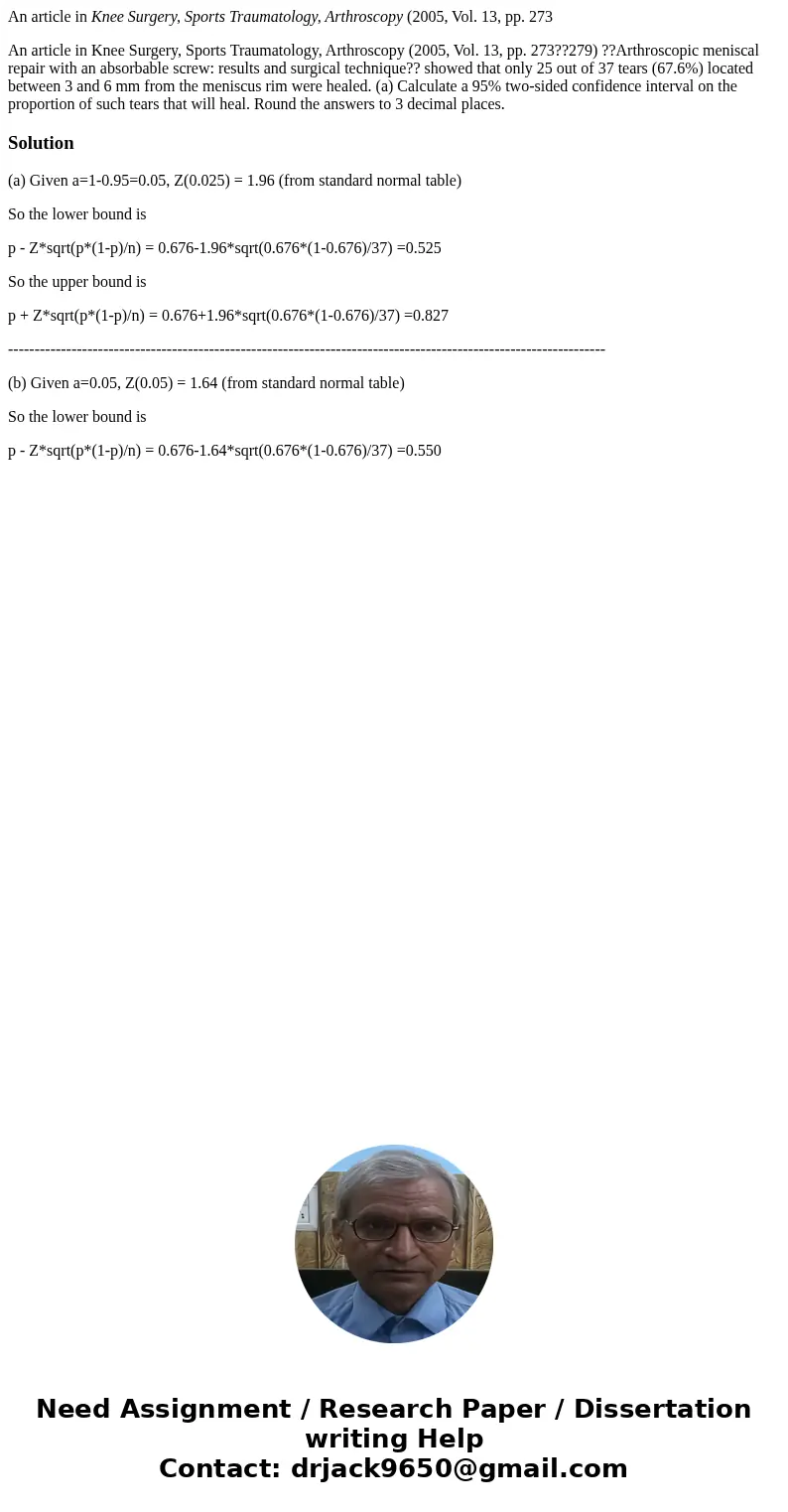 An article in Knee Surgery, Sports Traumatology, Arthroscopy (2005, Vol. 13, pp. 273 An article in Knee Surgery, Sports Traumatology, Arthroscopy (2005, Vol. 13