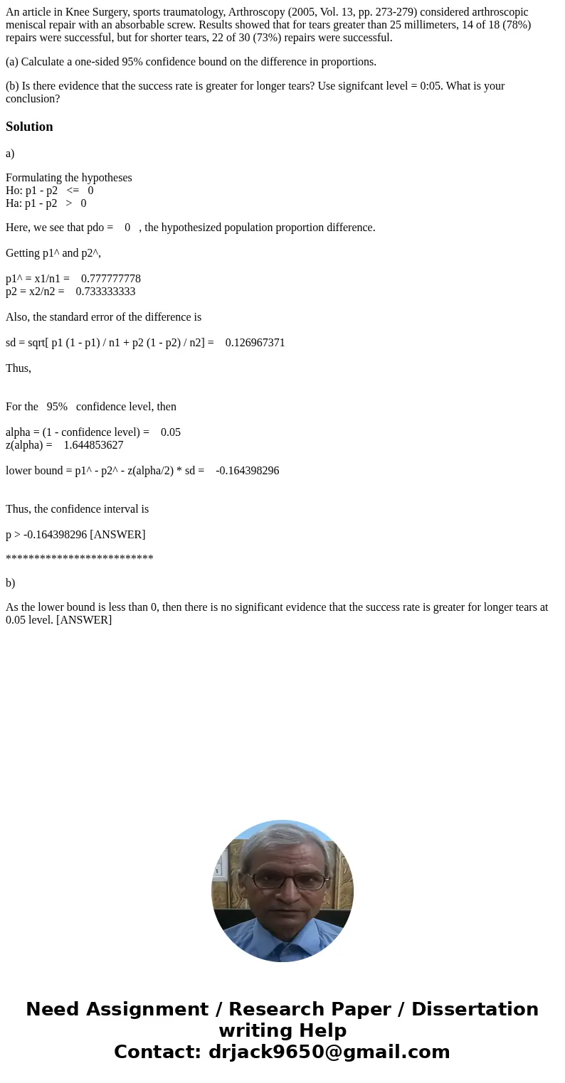 An article in Knee Surgery, sports traumatology, Arthroscopy (2005, Vol. 13, pp. 273-279) considered arthroscopic meniscal repair with an absorbable screw. Resu