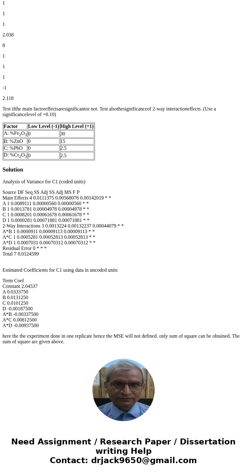 An experimentis conductedtoinvestigatetheeffects of four metal oxides on severalcementproperties. The four factors are all run at two levels and one response of