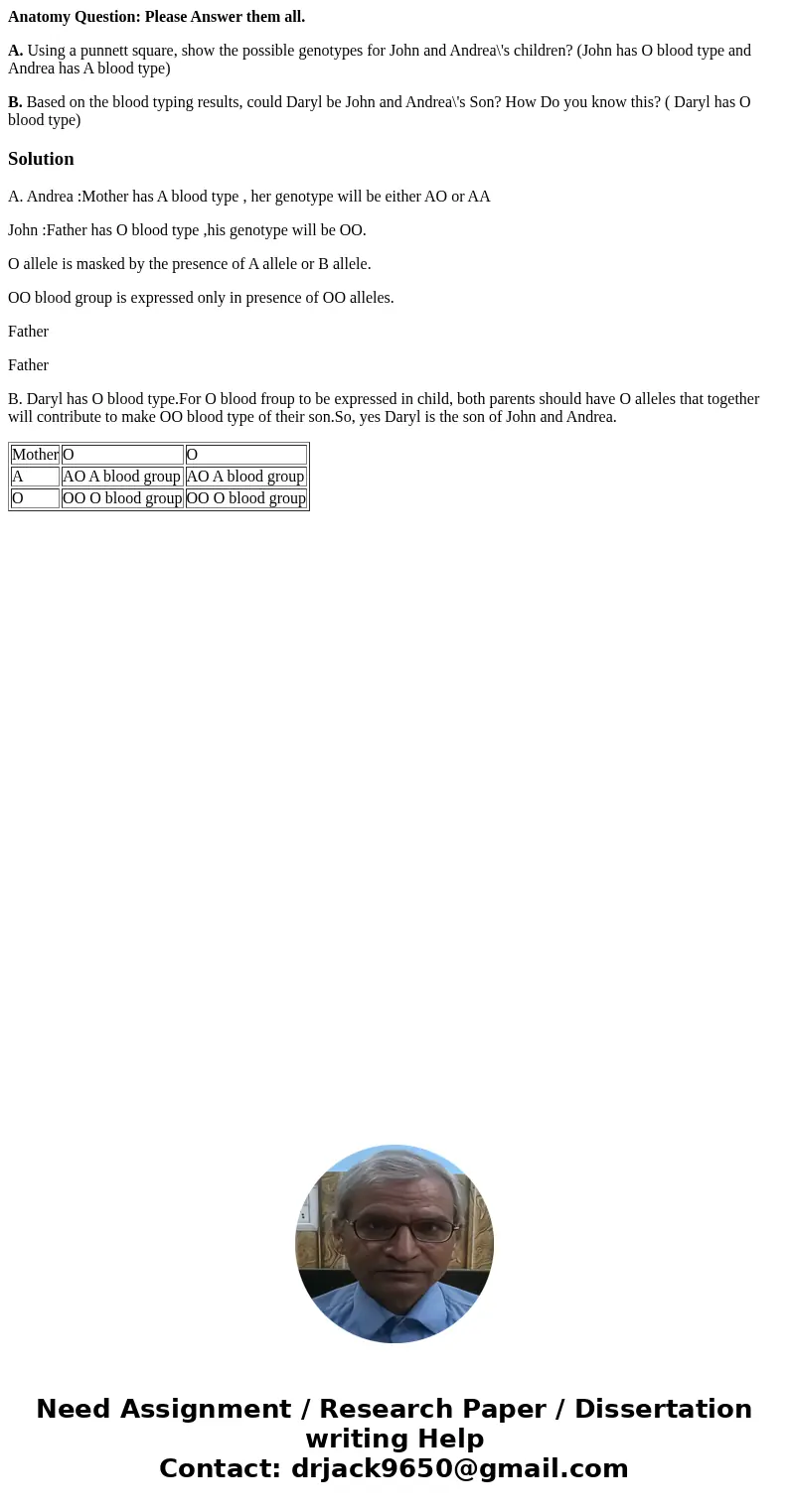 Anatomy Question: Please Answer them all. A. Using a punnett square, show the possible genotypes for John and Andrea\'s children? (John has O blood type and And