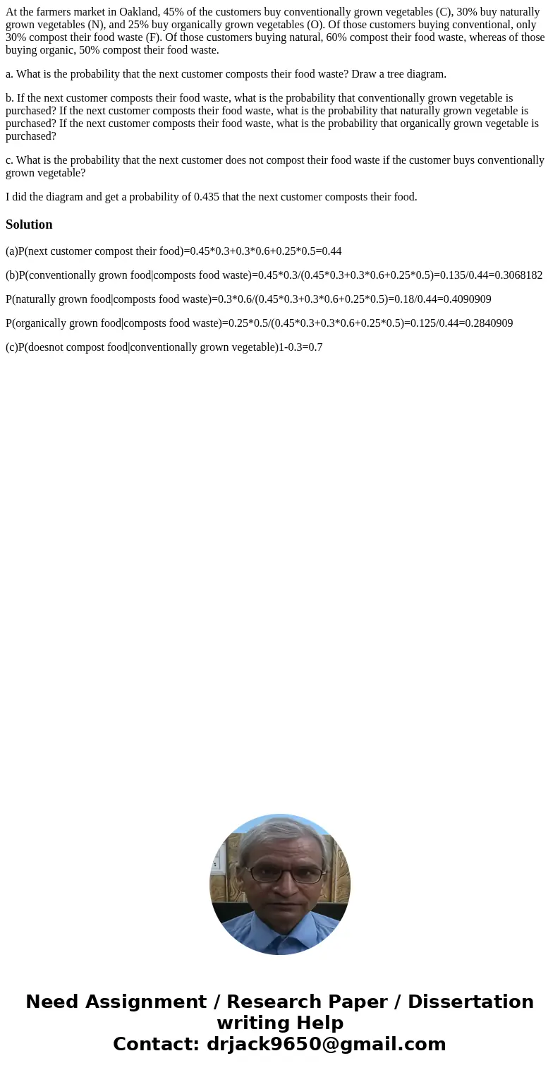 At the farmers market in Oakland, 45% of the customers buy conventionally grown vegetables (C), 30% buy naturally grown vegetables (N), and 25% buy organically  At the farmers market in Oakland, 45% of the customers buy conventionally grown vegetables (C), 30% buy naturally grown vegetables (N), and 25% buy organically