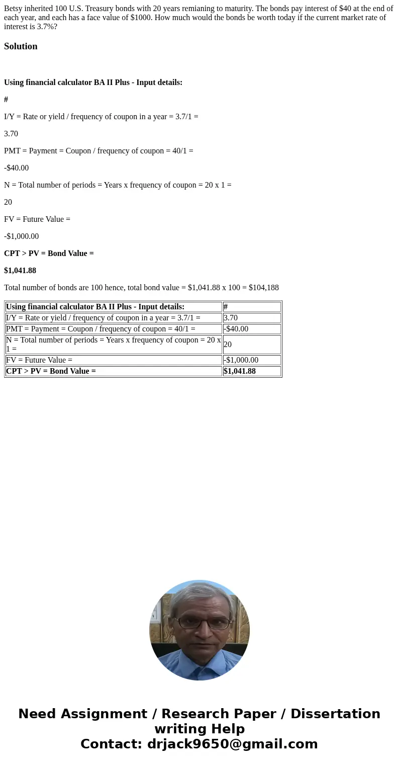 Betsy inherited 100 U.S. Treasury bonds with 20 years remianing to maturity. The bonds pay interest of $40 at the end of each year, and each has a face value of